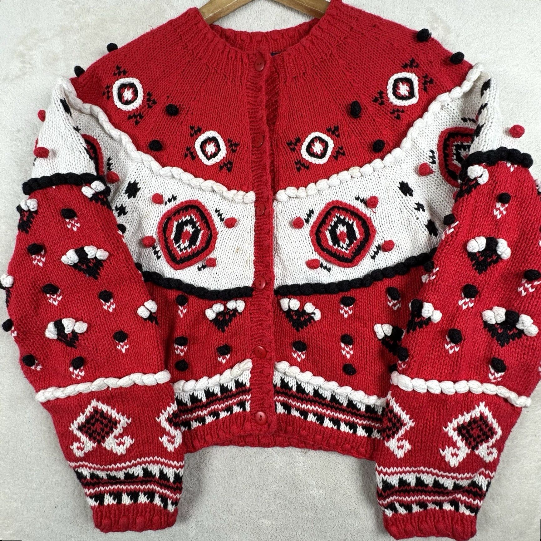 Vintage VINTAGE Birch Bros Cardigan Sweater Women M Black White Red Chunky Knit Fair Isle Open Oversized Button Collarless 90s Mens Womens Girls Boys Size M / US 6-8 / IT 42-44 - 2 Thumbnail