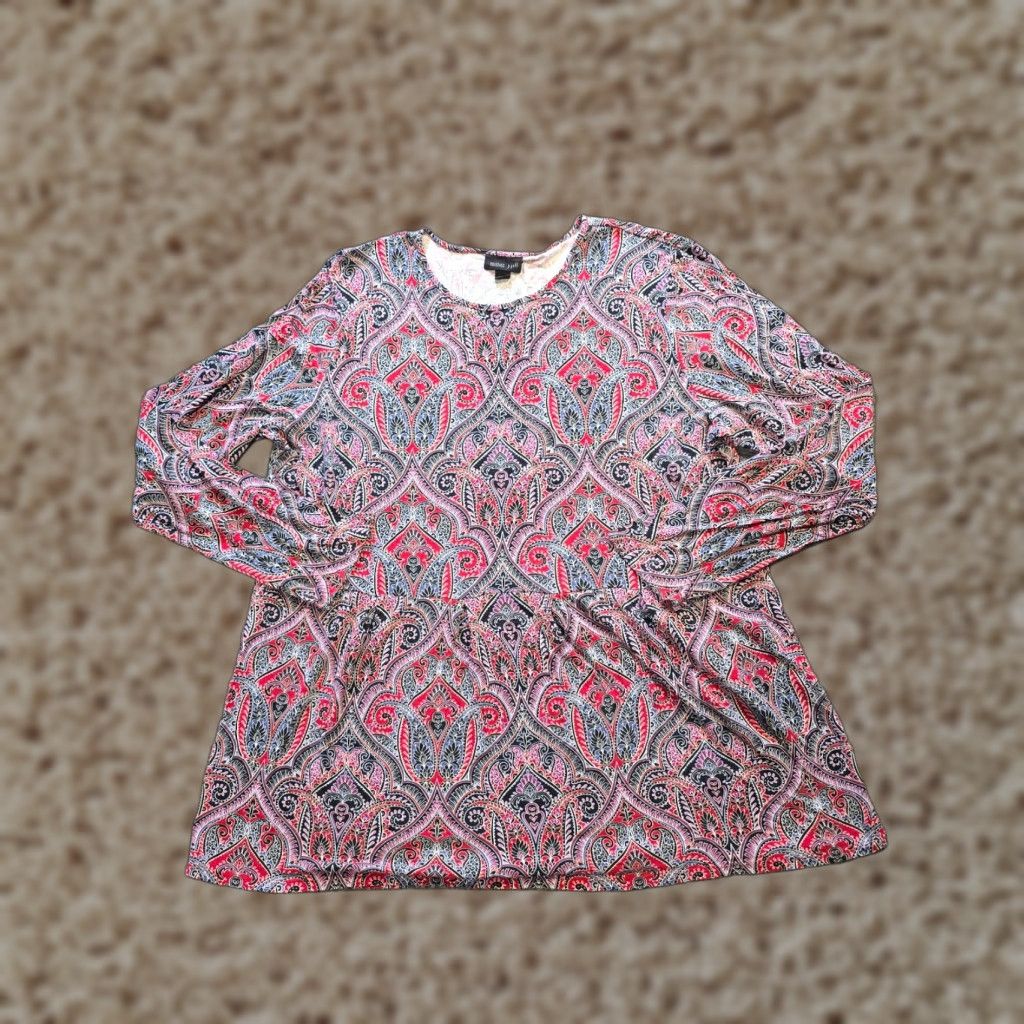 J. Jill J Jill Wearever Top Womens L Red Paisley Long Sleeve Knit Blouse Shirt Tunic Casual VINTAGE? (no) Size L / US 10 / IT 46 - 1 Thumbnail