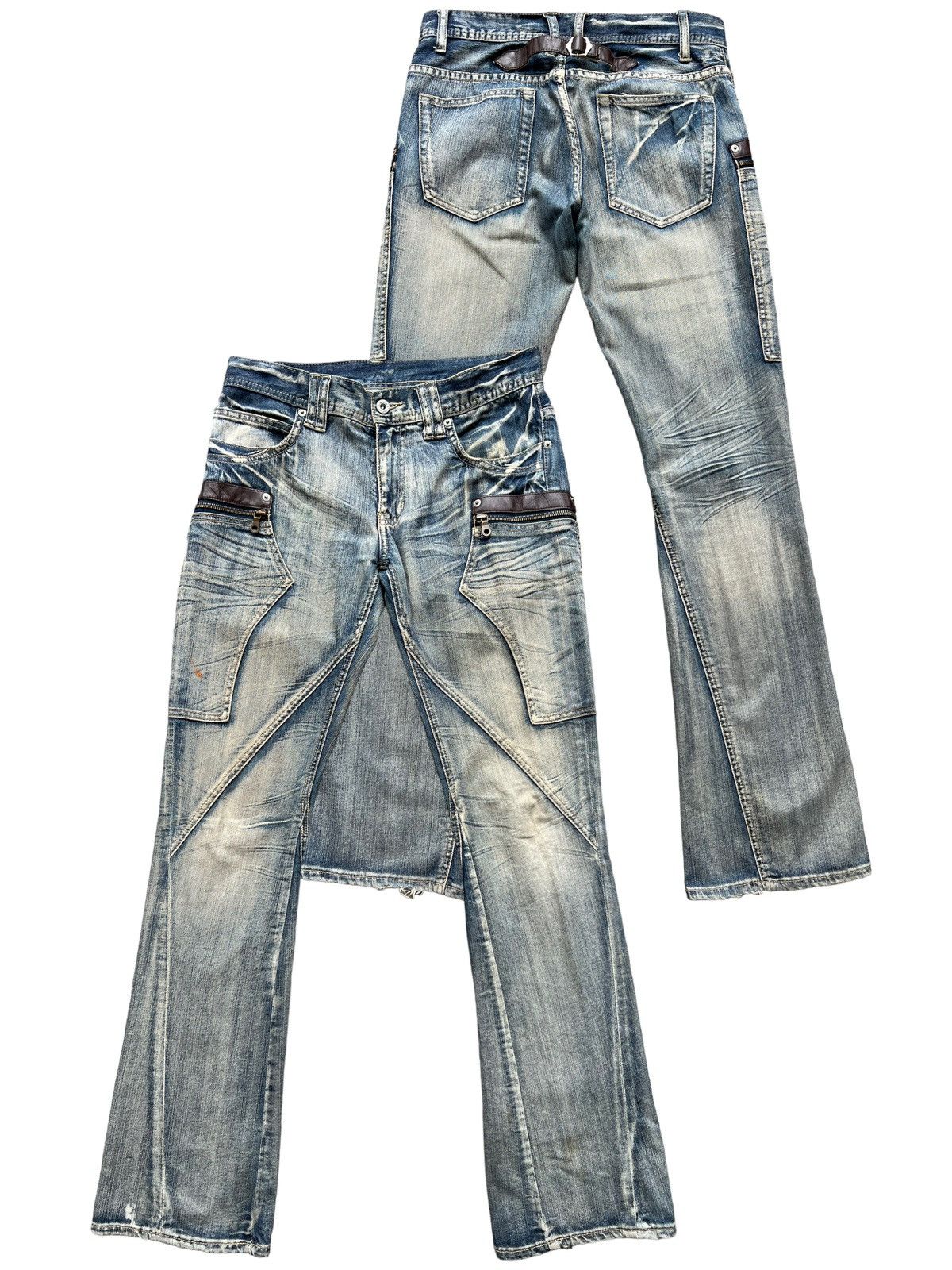 image of Michel Klein Flare Jeans Japan Bondage Gothic Distressed Jeans 32X33 in Yellow/Blue/Rust, Men's