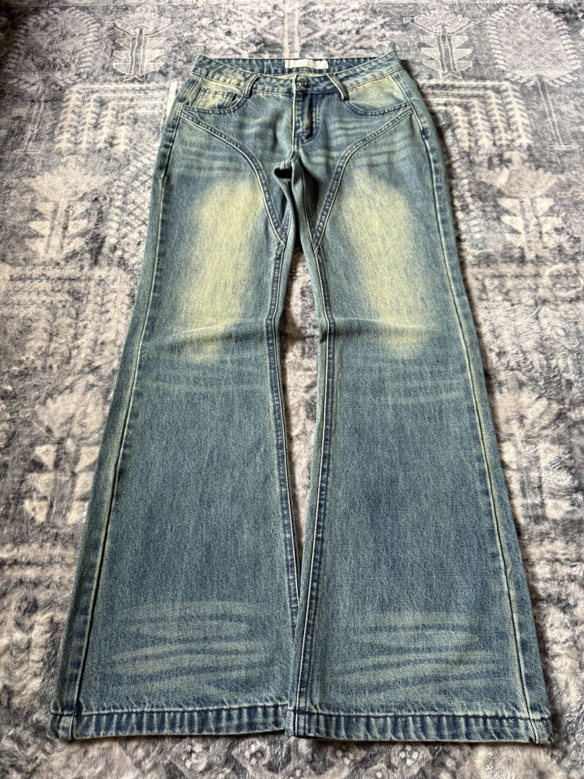GOSTAR DE FUGA Japanese Brand Paneled Green Mud Wash Flared Jeans Size 27" / US 4 / IT 40 - 1 Thumbnail