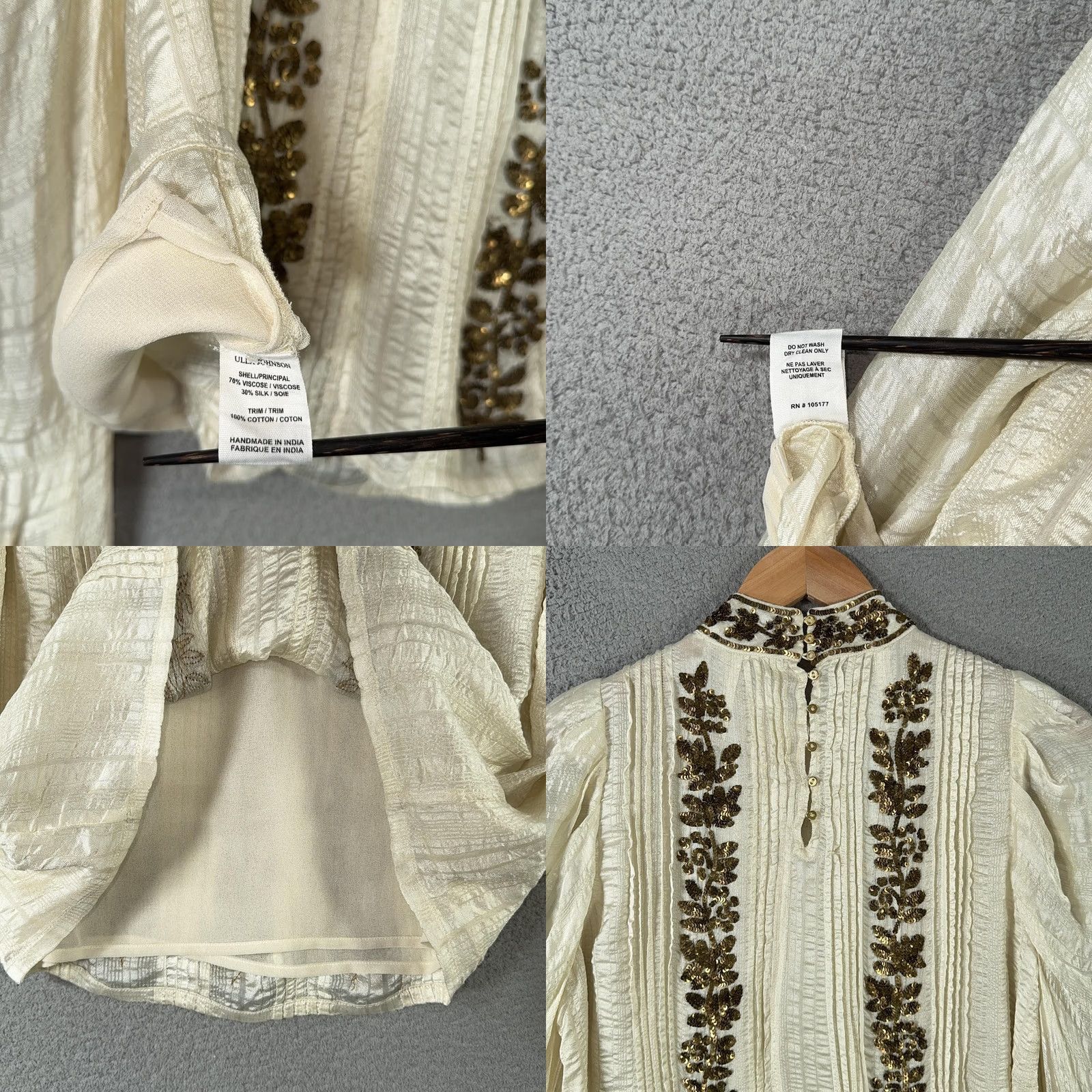 Ulla Johnson Ulla Johnson Blouse Womens Small Silk Viscose Cotton Embroidered Sequin Floral Puff Sleeve High Neck Ivory Vintage Bohemian Top Size S / US 4 / IT 40 - 8 Thumbnail