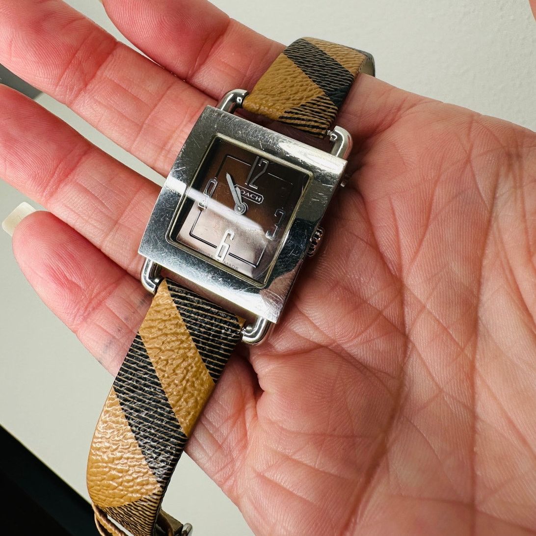Coach Coach Silver Square Bronze Face Watch Tan Plaid Watchband Size ONE SIZE - 4 Thumbnail