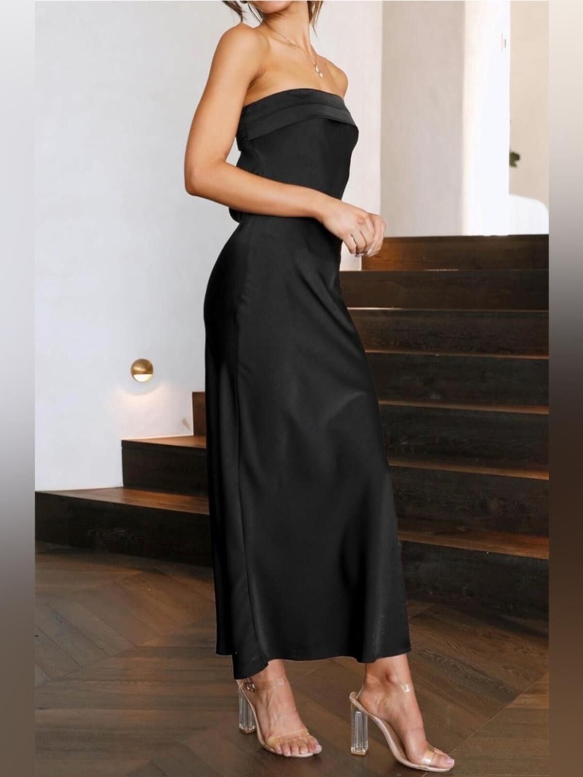 Asos Strapless Satin Maxi Dress / Black Size XS / US 0-2 / IT 36-38 - 2 Thumbnail