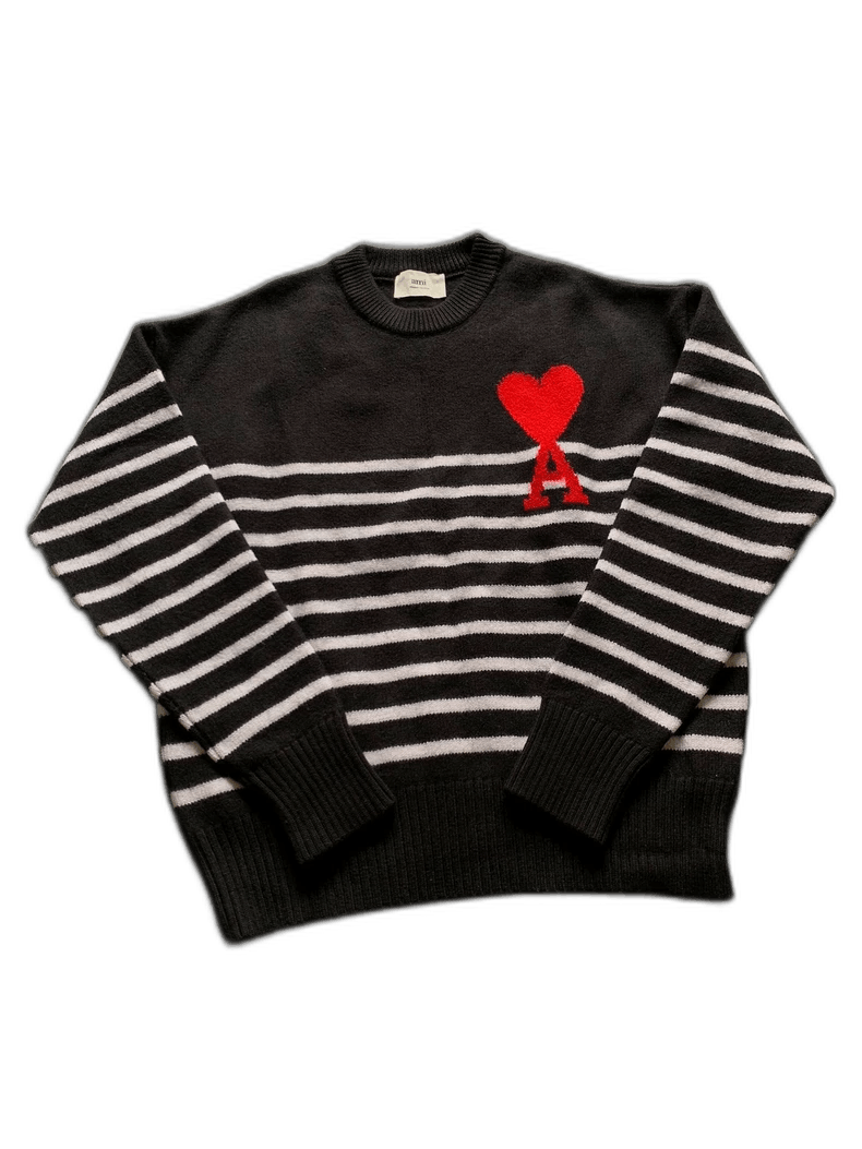Ami Black and White Striped Love Heart Sweater