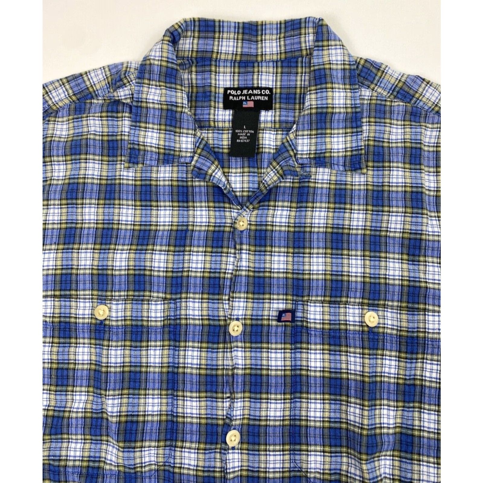 Polo Ralph Lauren VINTAGE Polo Jeans Co. Ralph Lauren Short Sleeve Button-Up Shirt Plaid Sz L Mens Men’s Large Blue Cotton 90s Classic Retro Pockets Size US L / EU 52-54 / 3 - 3 Thumbnail