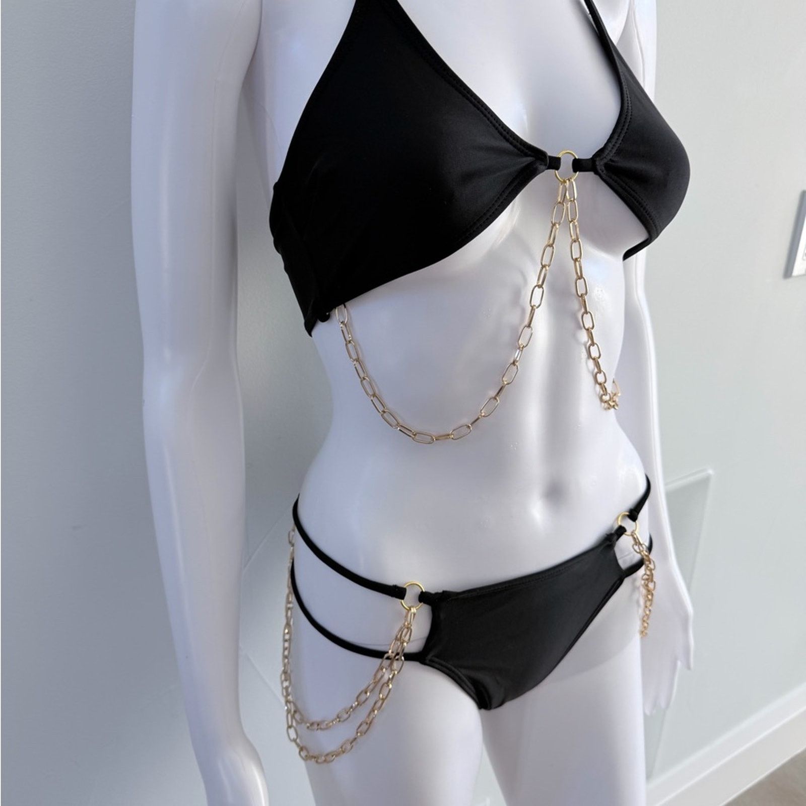 Other New Y2K Black Swimsuit Bikini with Gold Chain Accents size S Size ONE SIZE - 9 Thumbnail