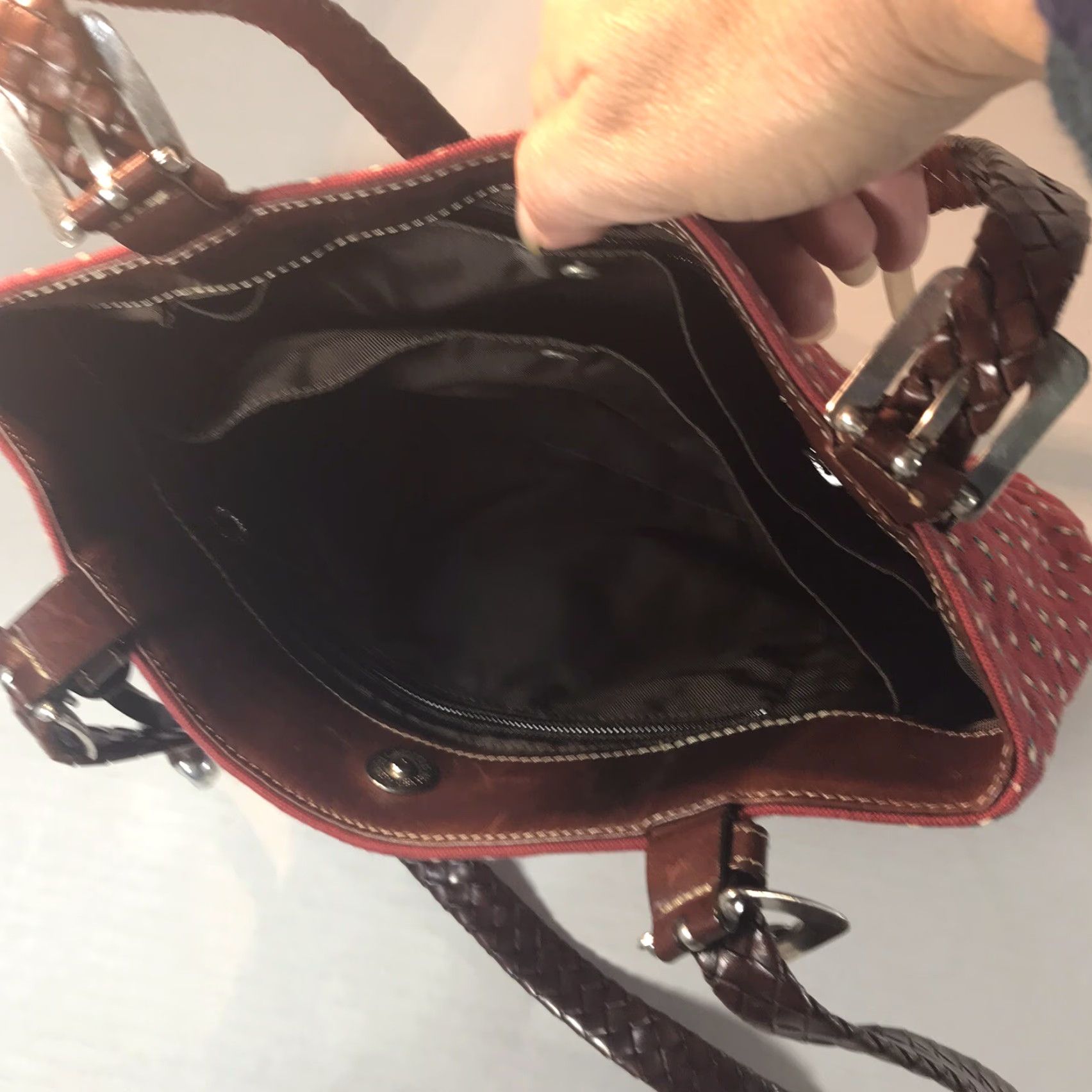 Brighton Brighton Red Canvas Shoulder Bag with Brown Leather Double Handles and Heart Charm, Medium, Business Casual Travel, Womens Size ONE SIZE - 5 Thumbnail