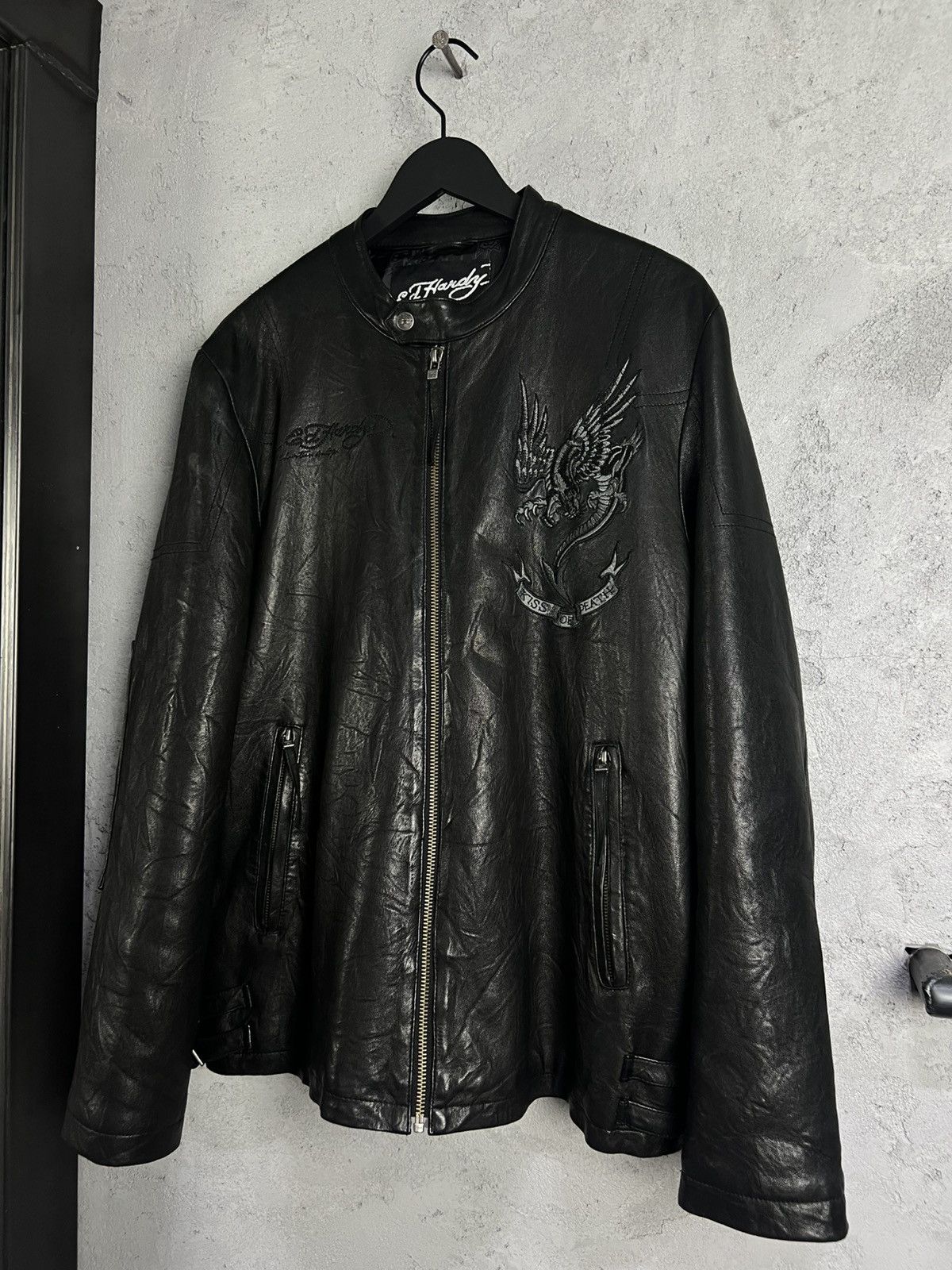 Rare Vintage Ed Hardy Embroidered Leather Jacket XL