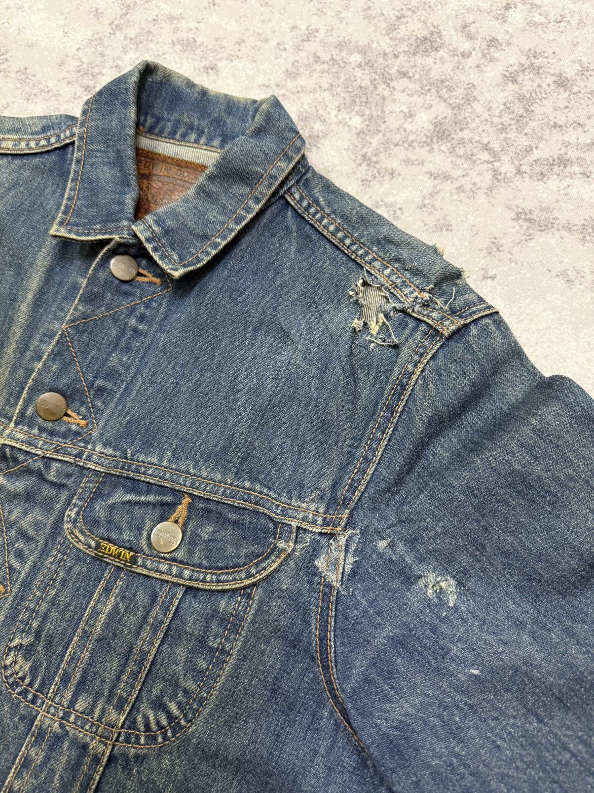 Edwin Vintage 80s Edwin Distressed Denim Trucker Jacket Jeans Size US S / EU 44-46 / 1 - 5 Thumbnail