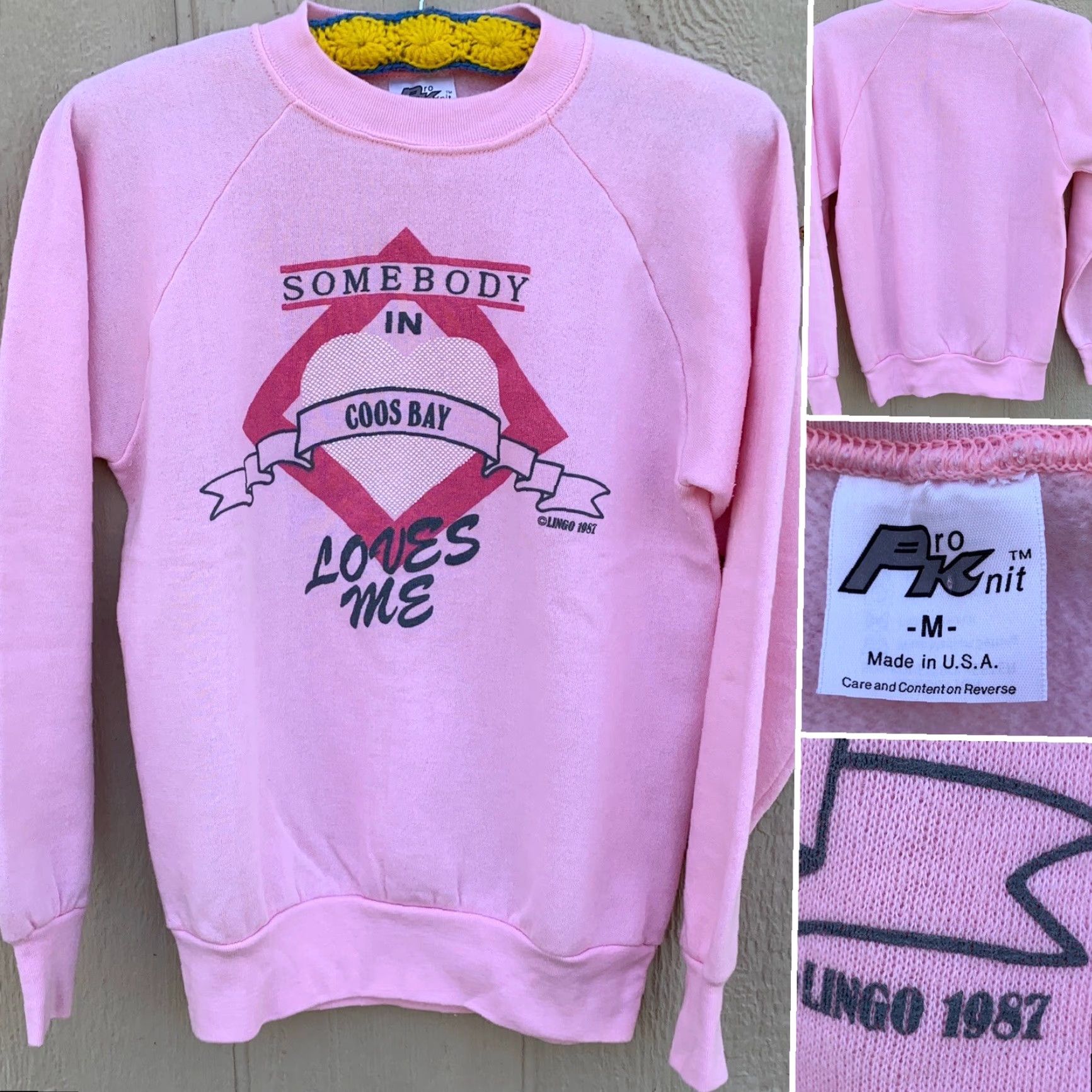 Vintage VINTAGE Somebody In Coos Bay Loves Me Sweatshirt Pink c Lingo 1987 M Pro Knit Raglan 80s Oregon United States Shirt Mens Size M / US 6-8 / IT 42-44 - 3 Thumbnail