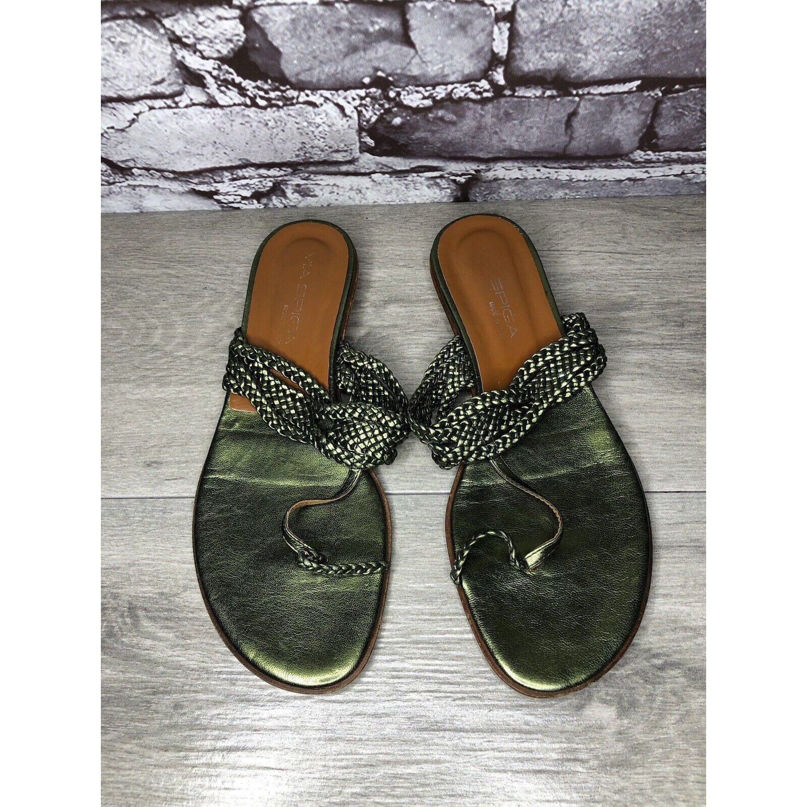 Other Via Spiga Metallic Green Leather Braided Flats Sandals Women Size US 8.5 / IT 38.5 - 11 Thumbnail