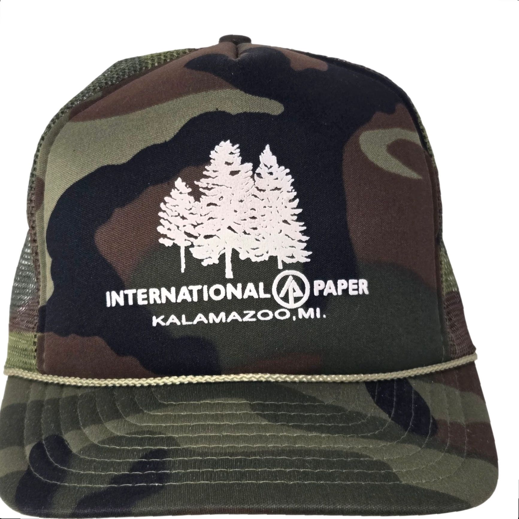 Vintage VTG HaT Trucker Hat Snapback Rope Camo Nylon 1990s Adjustable International Paper Kalamazoo MI Shirt Mens Size ONE SIZE - 4 Thumbnail