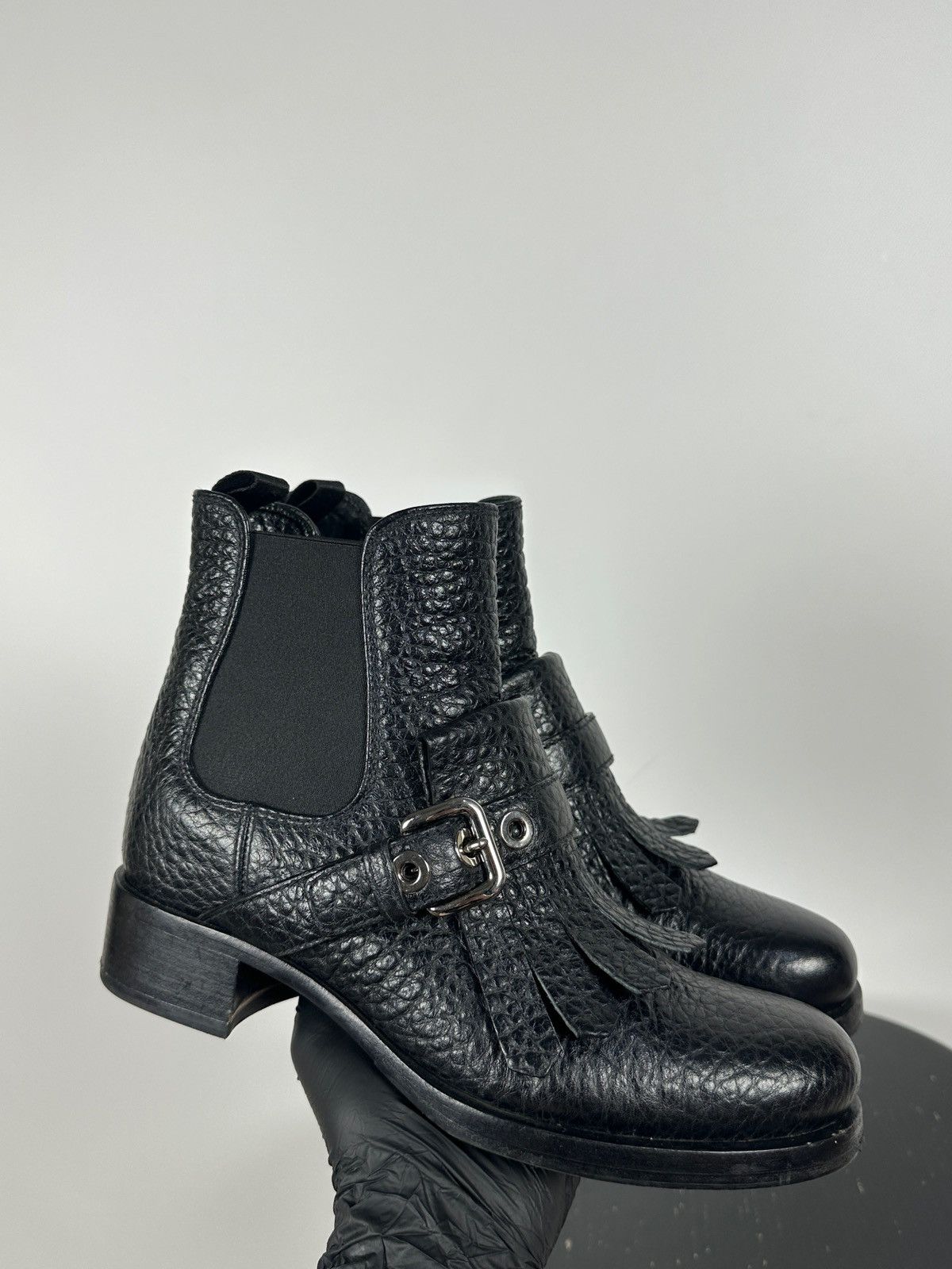 Prada Prada Black Leather Buckle Fringe Chelsea Ankle Boots Size US 6.5 / IT 36.5 - 1 Thumbnail