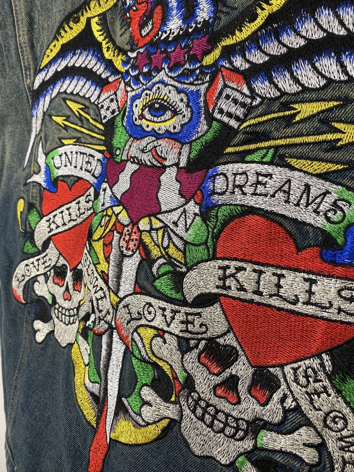 Oversized washed blue denim jacket big logo by Ed Hardy