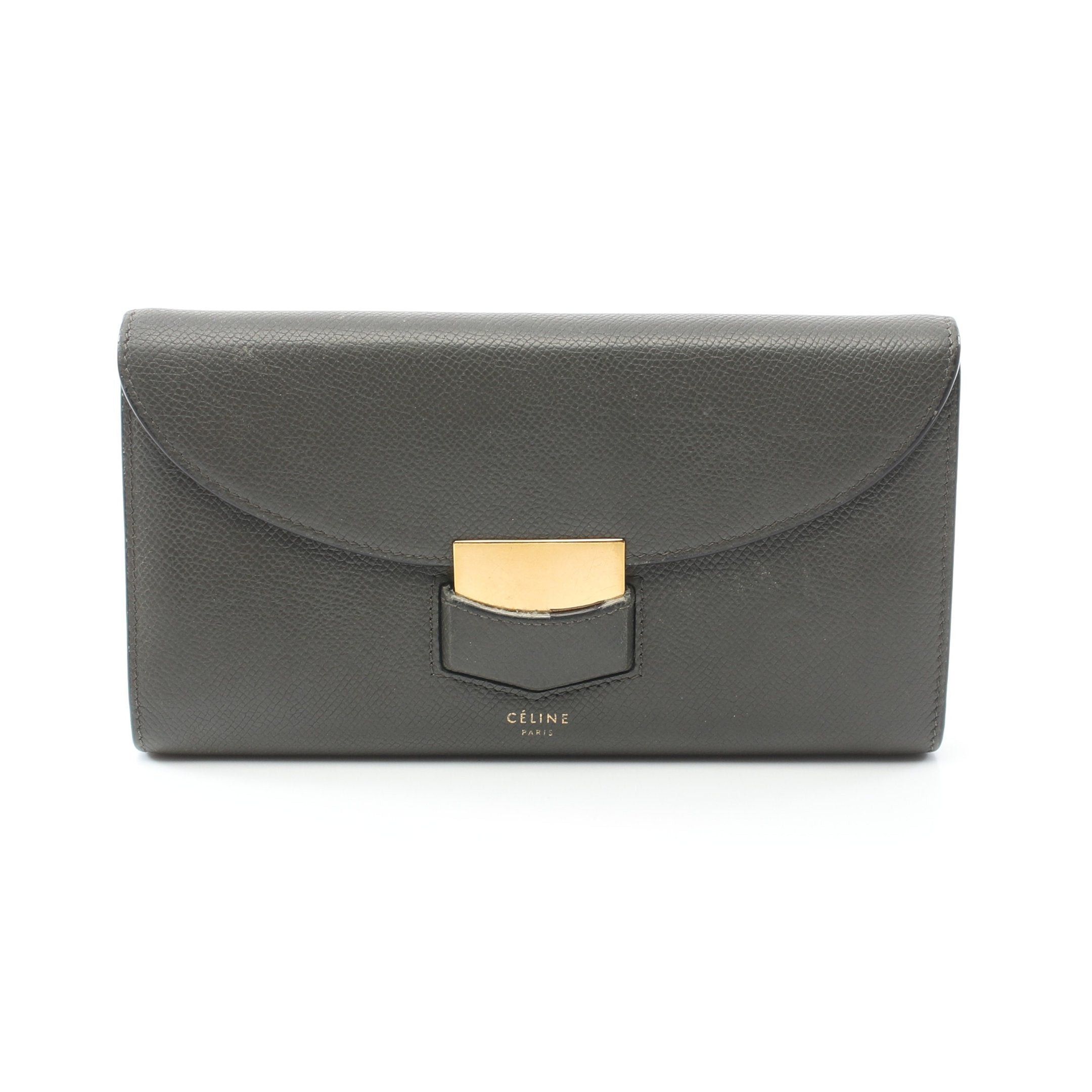 image of Celine Trotter Leather Wallet Long Wallet Bi-Fold Long Wallet Leather Gray Green in Grey, Women's