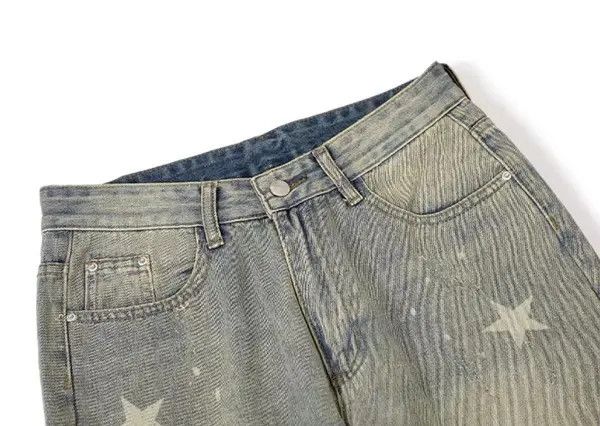 VIBE Retro High Street Distressed Star Yellow Mud Washed Jeans Size US 32 / EU 48 - 2 Thumbnail