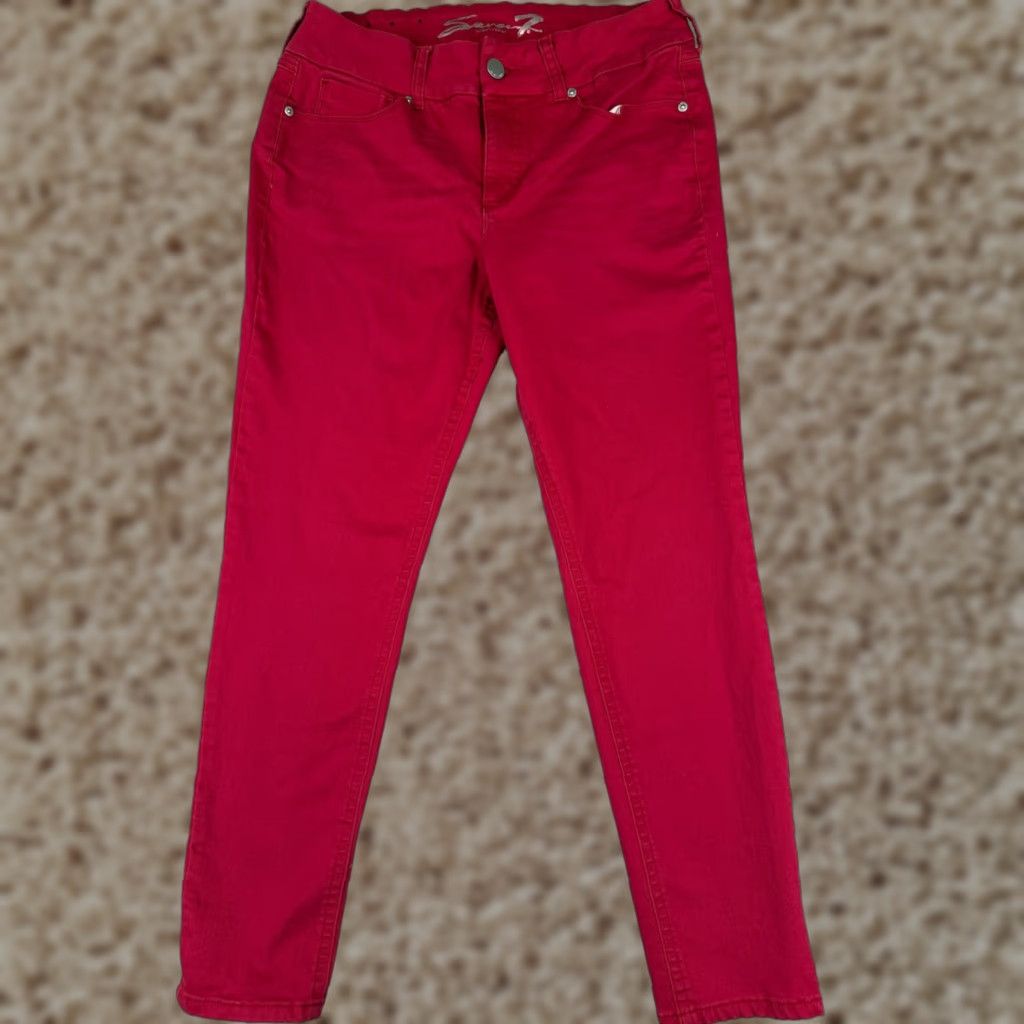 Vintage Seven7 Jeans Women 14 Red Denim Skinny Mid Rise 31x28 Cotton Blend Slimming 5-Pocket Design Button Zipper Vintage No Size 36" / US 14 / IT 50 - 1 Thumbnail