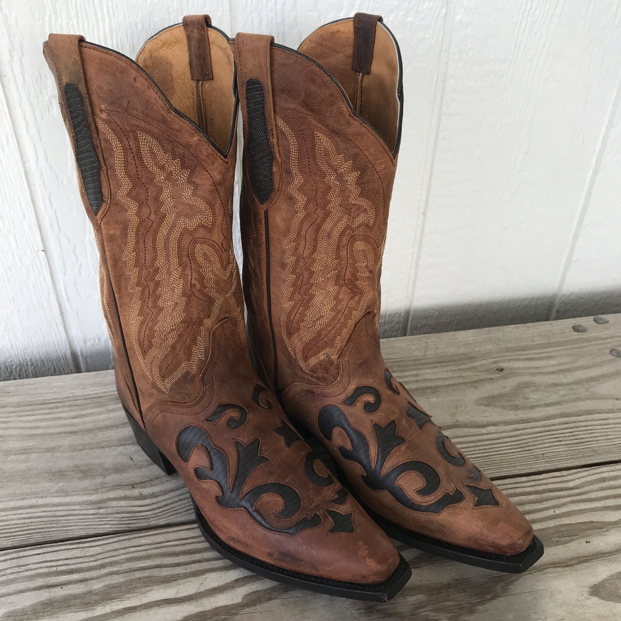 image of Jb Dillon Goatskin Men Brown Leather Inlaid Cowboy Boot 10 D