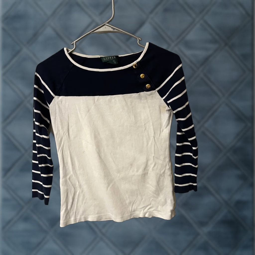 Ralph Lauren Ralph Lauren Shirt Navy Blue & White PM Nautical Stripe 100% Cotton Boatneck Pullover Women PM Shirt, Nautical, 3/4 Sleeve, Knit, Vintage? No. Size M / US 6-8 / IT 42-44 - 1 Thumbnail