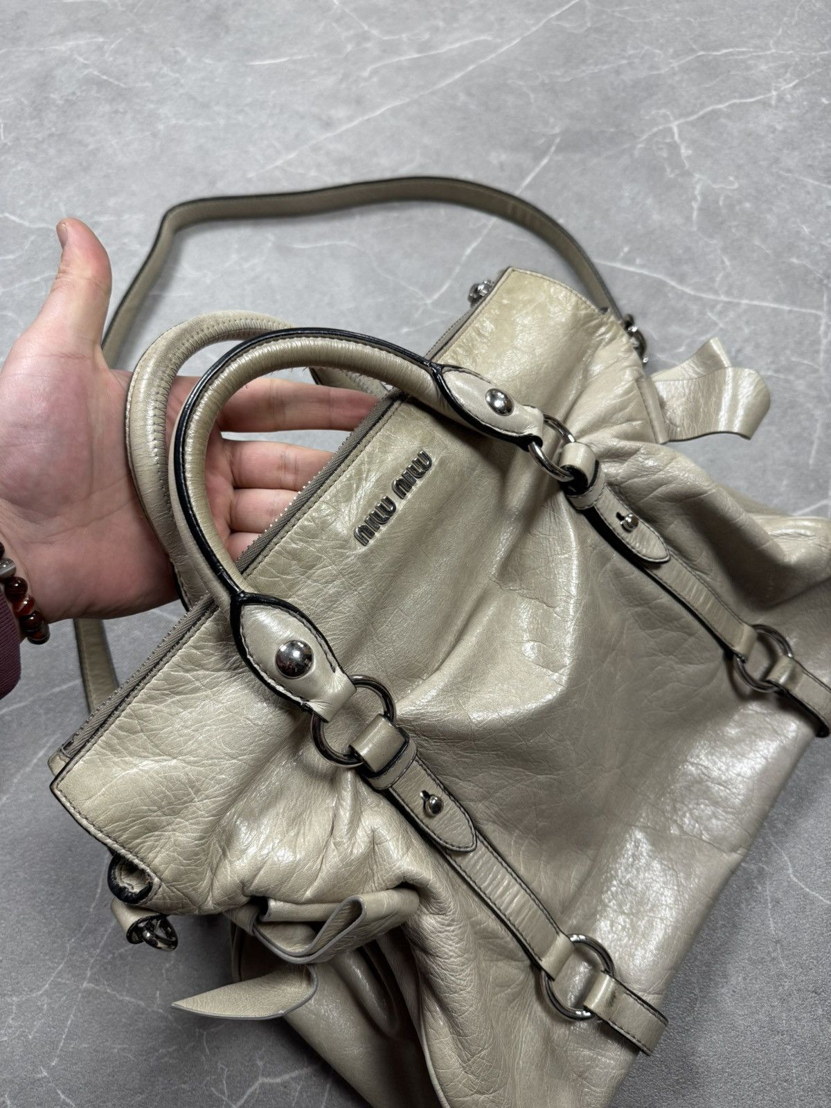 Miu Miu Miu Miu Beige Vitello Schleife Leder Handtasche Satchel Tote Size ONE SIZE - 2 Thumbnail