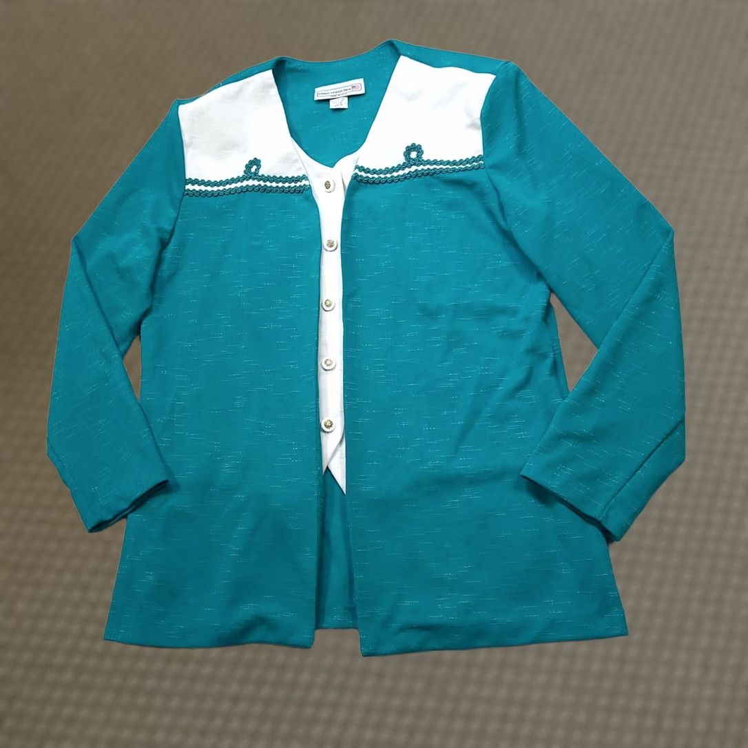 Vintage VINTAGE Pablo Collection Blouse Shirt Women's 16 Teal Blue 1980s USA Made Secretary/Geek Embellished Front-Shoulder Pads Mens/ Womens Size XXL / US 16-18 / IT 52-54 - 1 Thumbnail