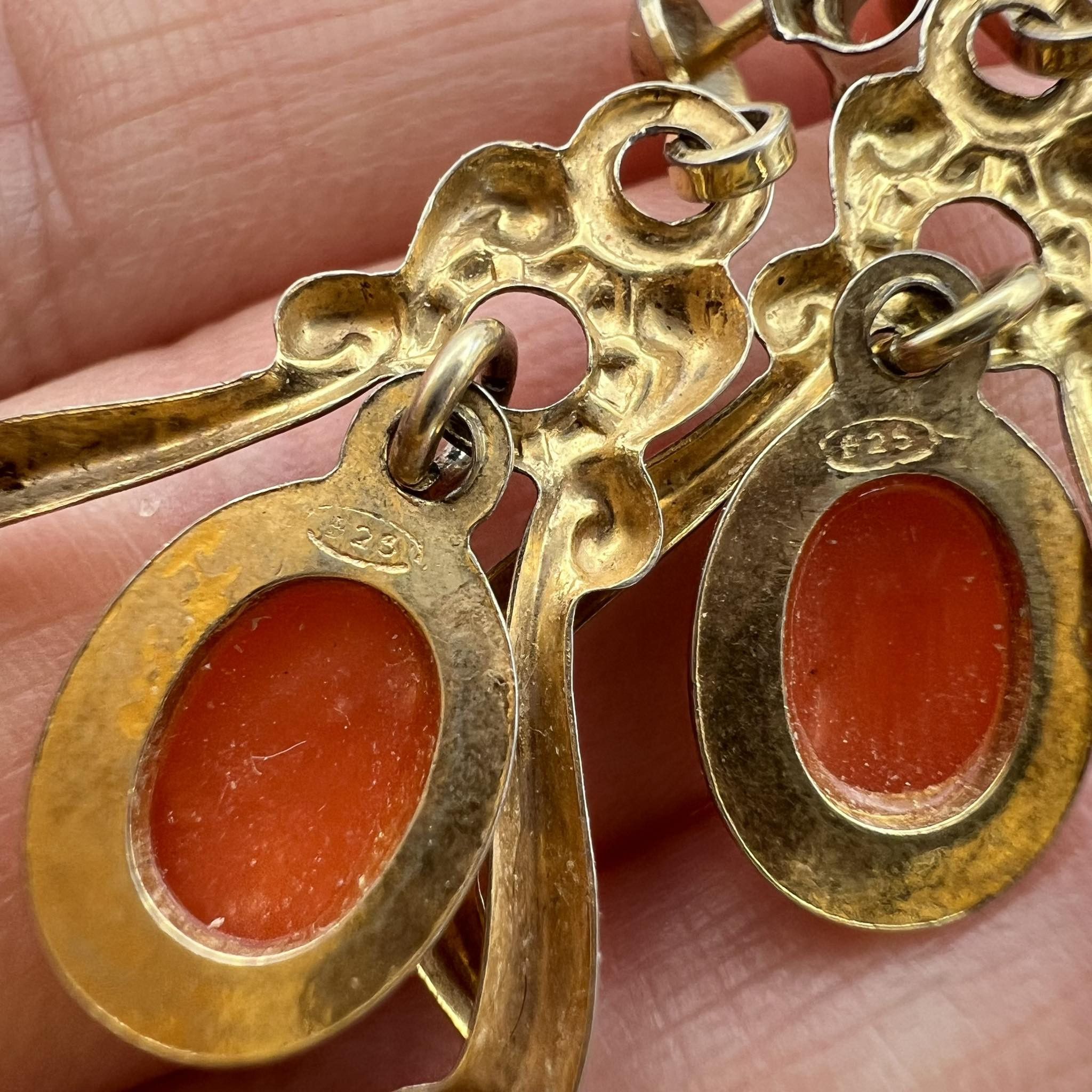 Vintage Gilt Sterling Silver Vintage Earrings Coral Gemstone Signed Size ONE SIZE - 6 Thumbnail