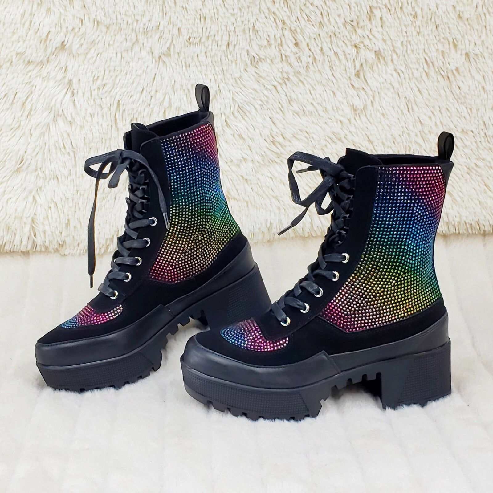 Other Diva Shine Rainbow Rhinestone Lace Up Platform Combat Ankle Size US 7.5 / IT 37.5 - 7 Thumbnail