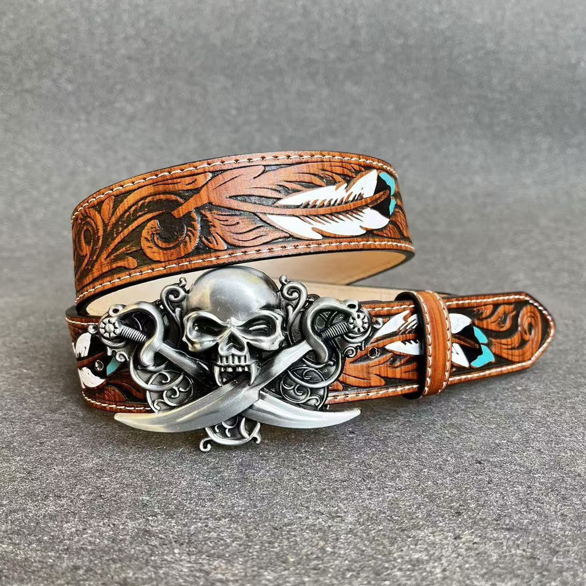 Designer Skull Vintage Belt Riveted Belts Menswear Accessories Size ONE SIZE - 3 Thumbnail