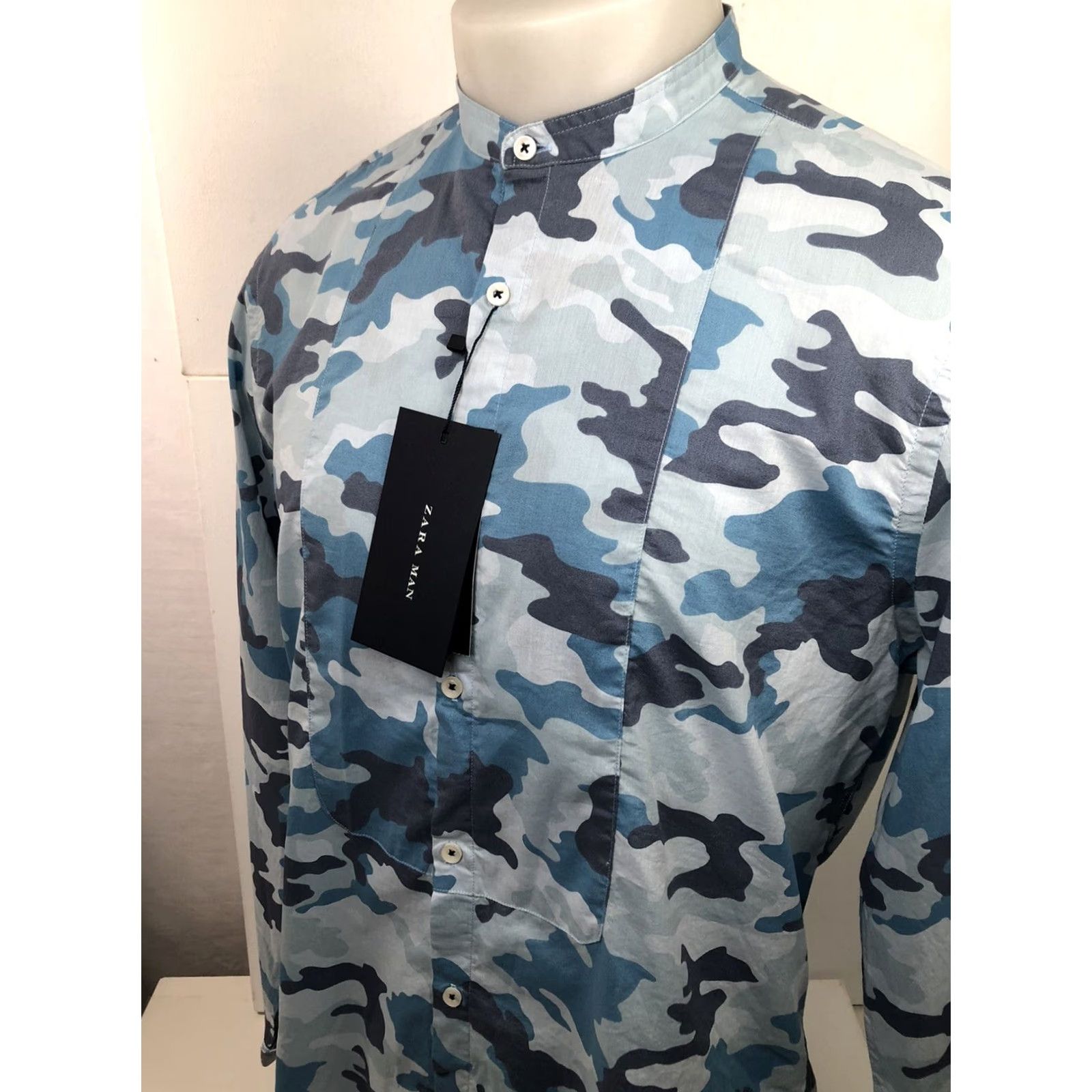 Zara ZARA MAN Camouflage Slim Shirt Collarless Blue S Short Sleeve? Size US S / EU 44-46 / 1 - 2 Thumbnail