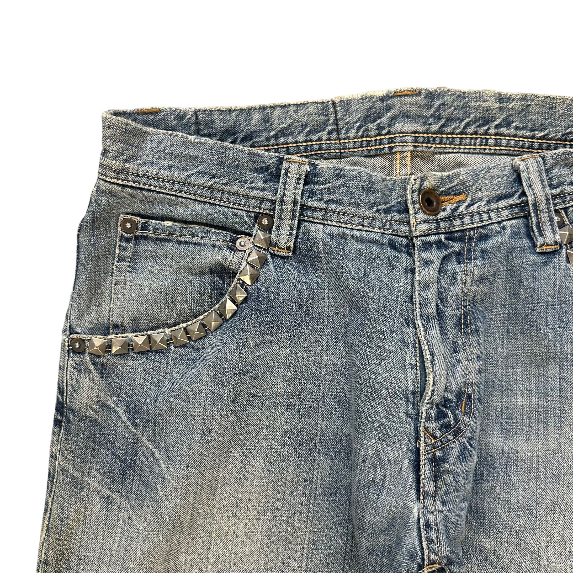 Issey Miyake TRASHED🔥 TETE HOMME LIGHT WASH STUDDED DENIM PANT #7798-176 Size US 31 - 3 Thumbnail