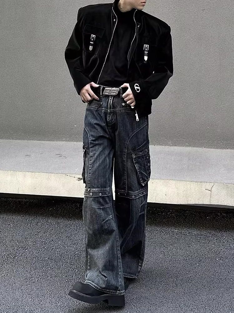 Japanese Brand × Jean Retro heavy duty workwear large pocket wide leg cargo jeans Size US 33 - 6 Thumbnail