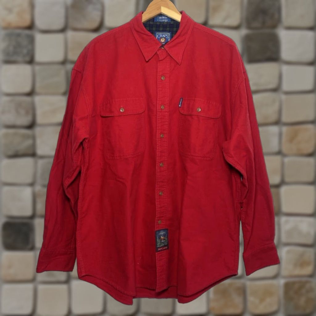 Ralph Lauren Chaps Ralph Lauren Shirt Mens Vintage 90s Button-Up XL Red Solid Long Sleeve Collared Pockets Vintage Theme 90s USA Classic Americana Retro Size US XL / EU 56 / 4 - 1 Thumbnail
