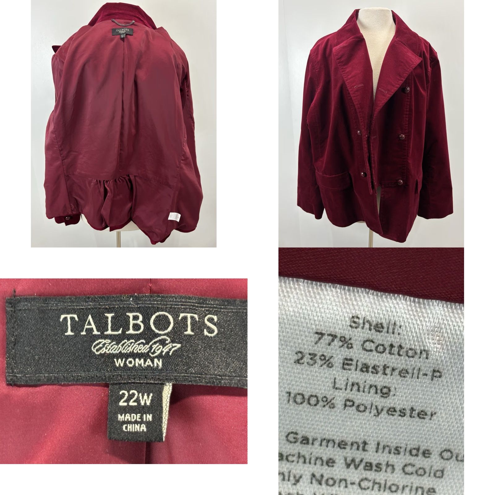 Talbots VINTAGE Talbots Velvet Jacket Women’s Plus Size 22W Dark Red Double Breasted Casual Business Party Size 3XL / US 20-22 - 8 Thumbnail