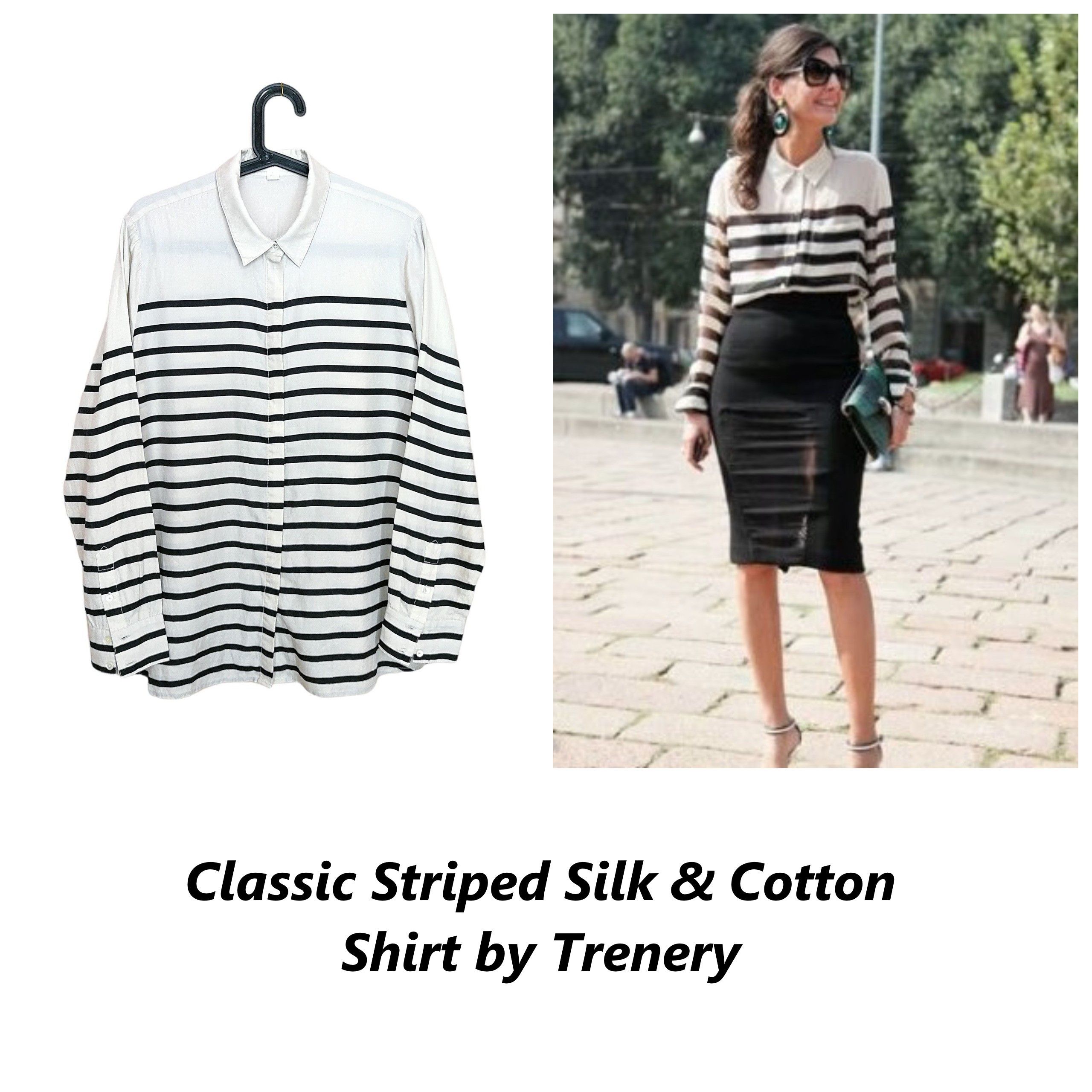 Designer × SikSilk Trenery Shirt Blouse Silk & Cotton White & Black Striped Size L / US 10 / IT 46 - 1 Thumbnail