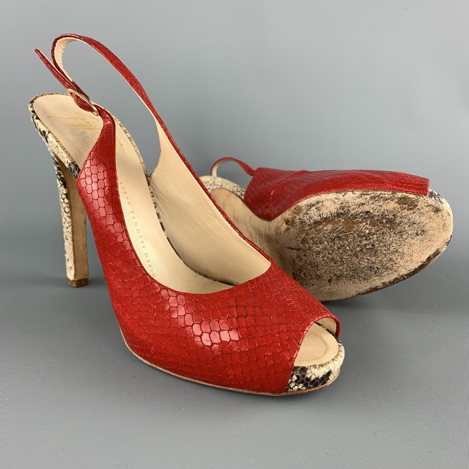 Giuseppe Zanotti 8 Red & Beige Snake Skin Slingback Peep Toe Pumps Size US 8 / IT 38 - 3 Thumbnail