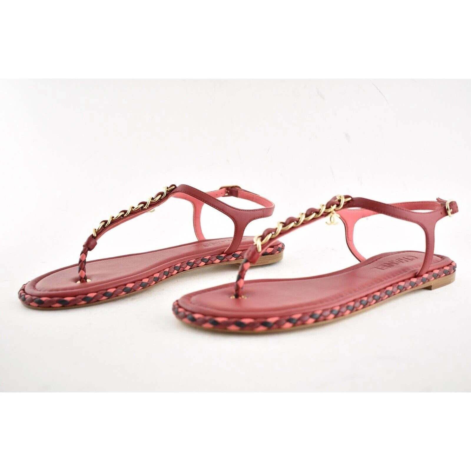 Chanel Chanel Red Braided Gold CC Logo Chain Thong Ankle Strap Size US 6 / IT 36 - 8 Thumbnail