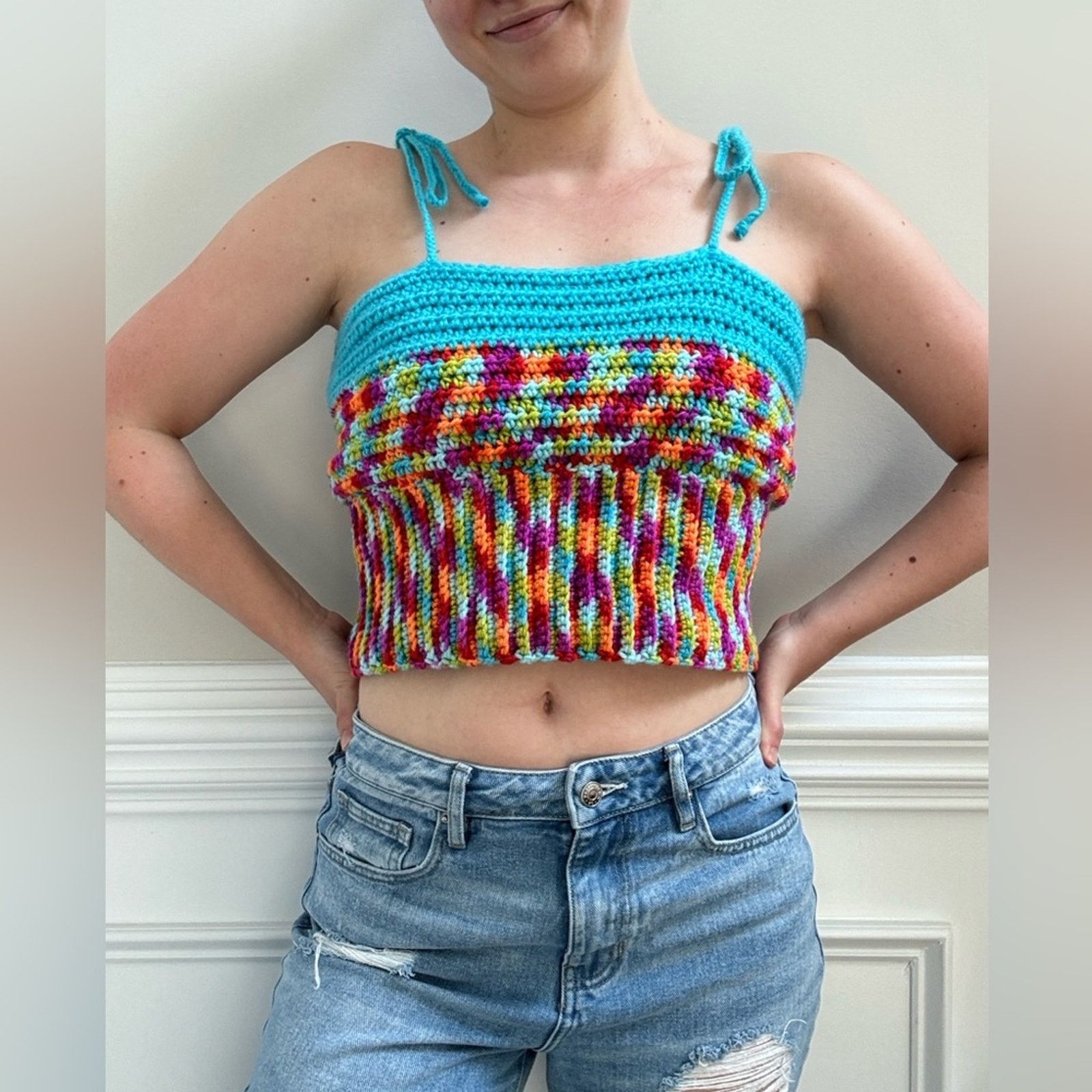 Handmade Handmade Crochet Adjustable Tie Strap Crop Top 100% Recycled Size L / US 10 / IT 46 - 1 Thumbnail
