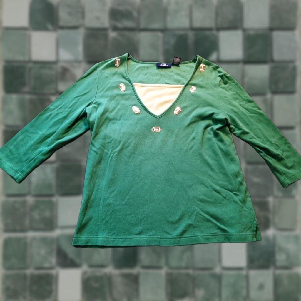 Vintage CB Casual Football Sequins Shirt Womens L 3/4 Sleeve Green Cotton V-Neck Pullover Size L / US 10 / IT 46 - 1 Thumbnail
