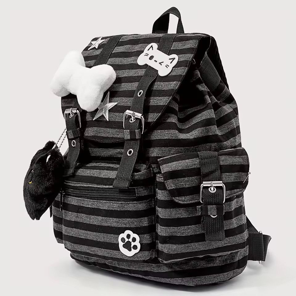 Japanese Brand 🖤💀 Y2K PUNK EMO Backpack - Black/Grey Stripe Size ONE SIZE - 2 Thumbnail