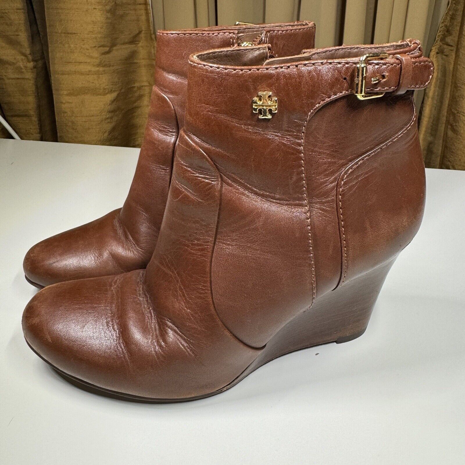 Tory Burch Tory Burch Milan Brown Leather Wedge Ankle Boots 6.5M Logo Size US 6.5 / IT 36.5 - 1 Thumbnail