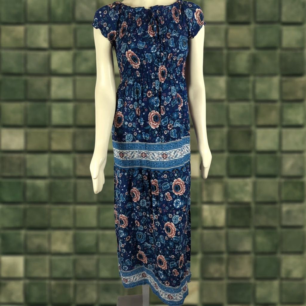 Vintage Kindred Maxi Dress S Blue Floral Smocked Puff Sleeve Square Neck Pulloverempire Waist Boho 60s 70s 80s 90s Beach Holiday Wedding Spring Summer Women Size S / US 4 / IT 40 - 1 Thumbnail