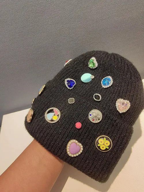 Other Black Beanie Hat with Colorful Gems and Badges Size ONE SIZE - 3 Thumbnail