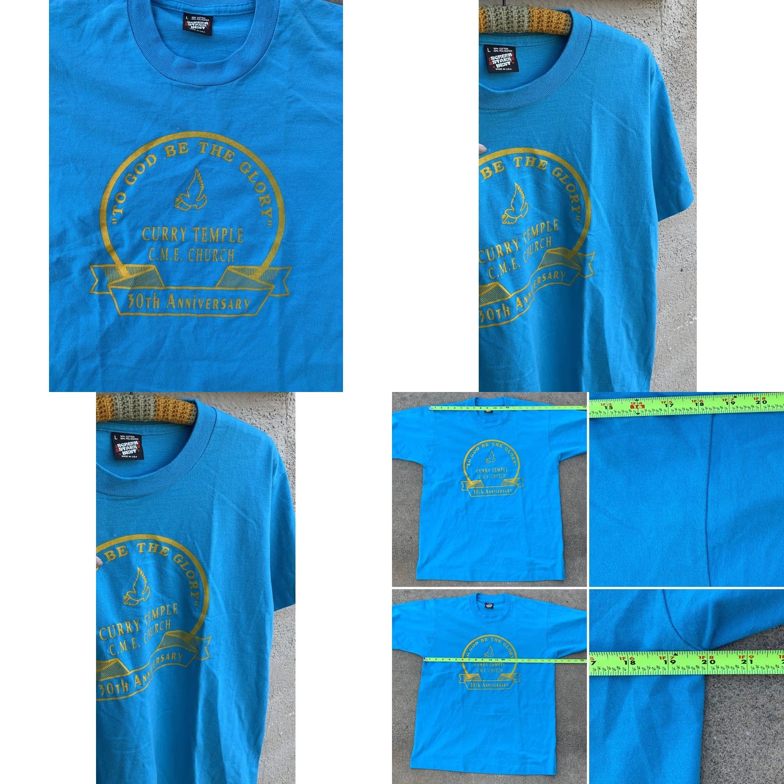 Vintage VINTAGE To God Be The Glory Curry Temple CME Church 30th Anniversary T-Shirt L Blue Mens Short Sleeve Graphic 80s 90s Bird Screen Stars Made in USA Size US L / EU 52-54 / 3 - 8 Thumbnail