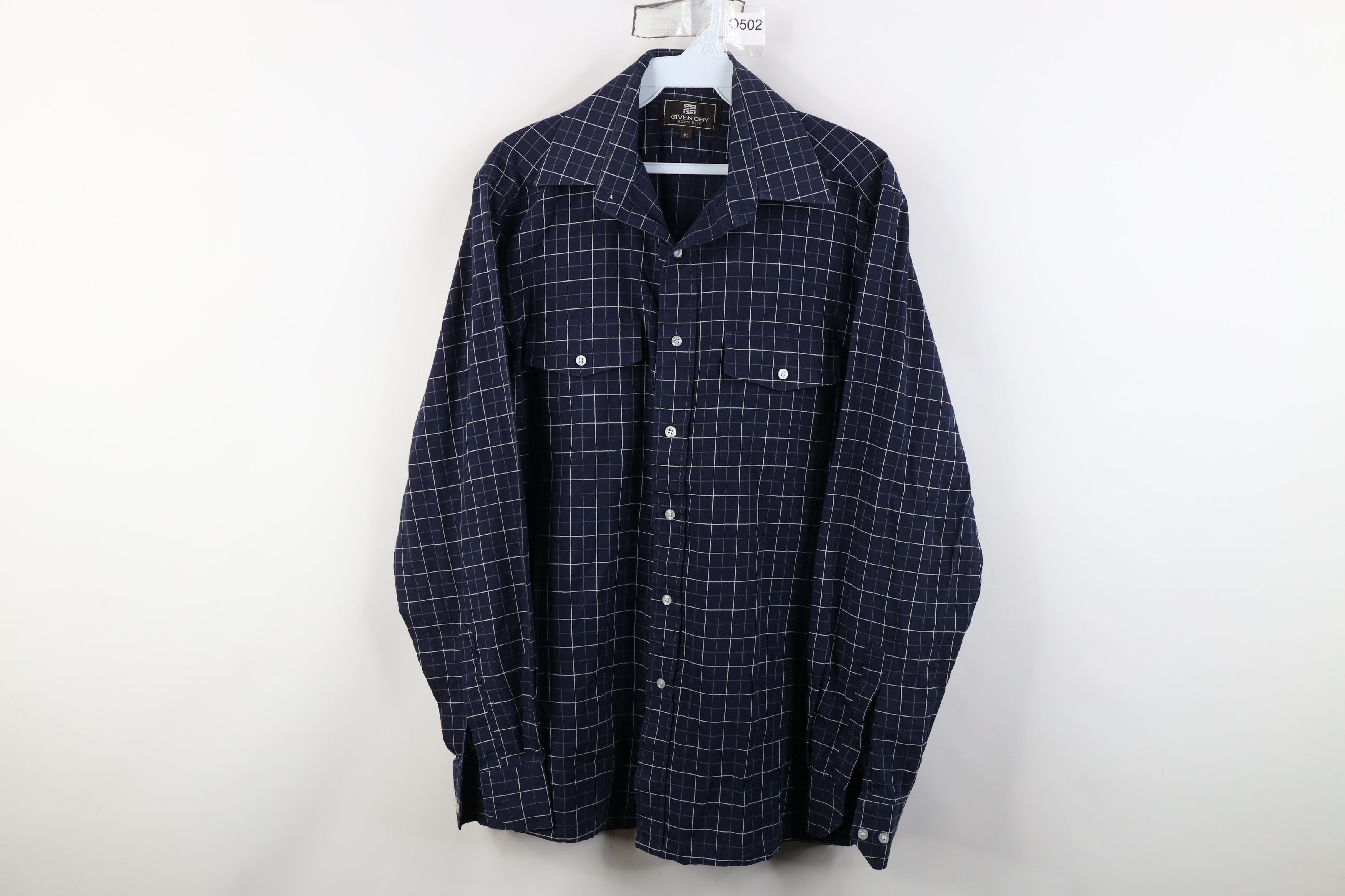 Givenchy Vintage 90s Givenchy Knit Collared Button Shirt Blue Plaid Size US M / EU 48-50 / 2 - 1 Thumbnail