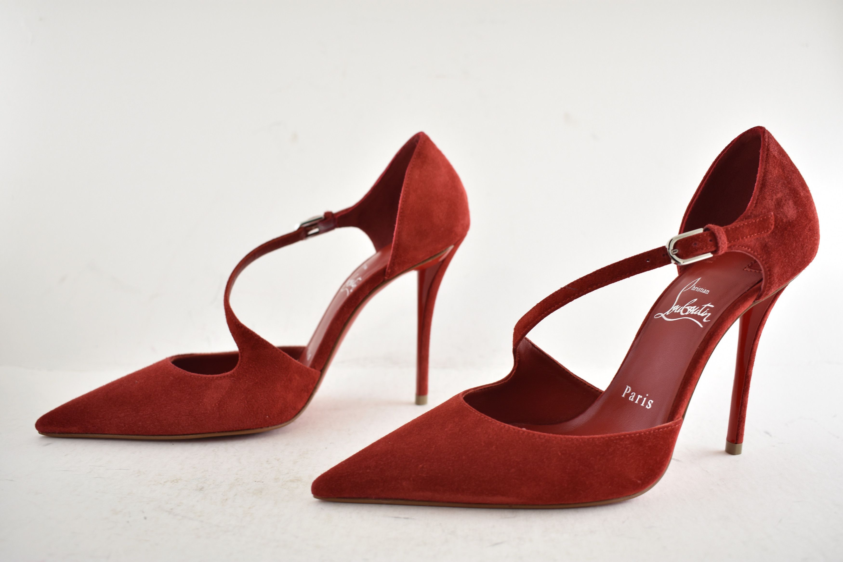 Christian Louboutin Miss Ziggyta 100 Fever Red Suede Cross Strap Heel Pump 36.5 Size US 6.5 / IT 36.5 - 12 Thumbnail