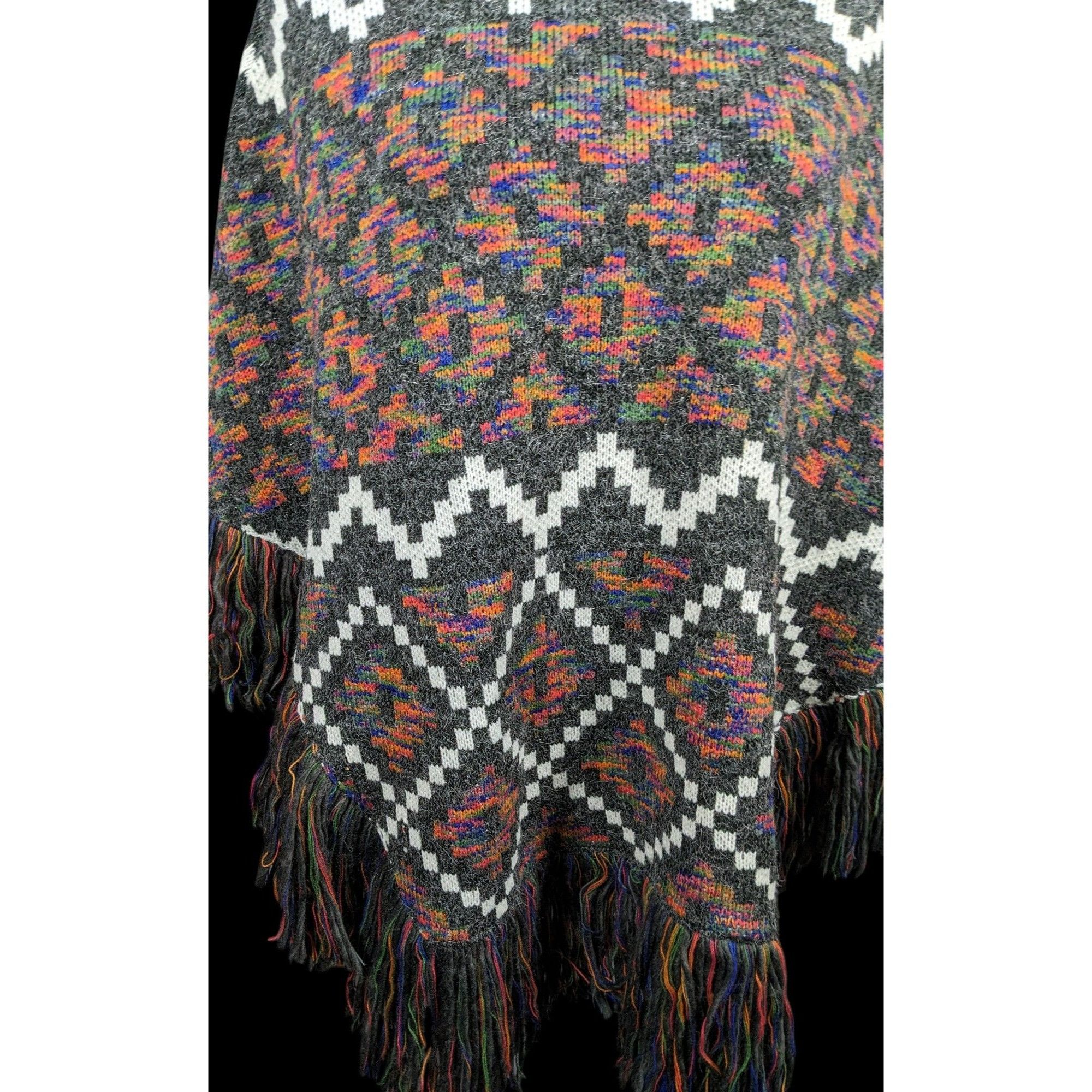 Other Modena Grey And Rainbow Geometric Cowl Neck Fringe Poncho Size ONE SIZE - 3 Thumbnail