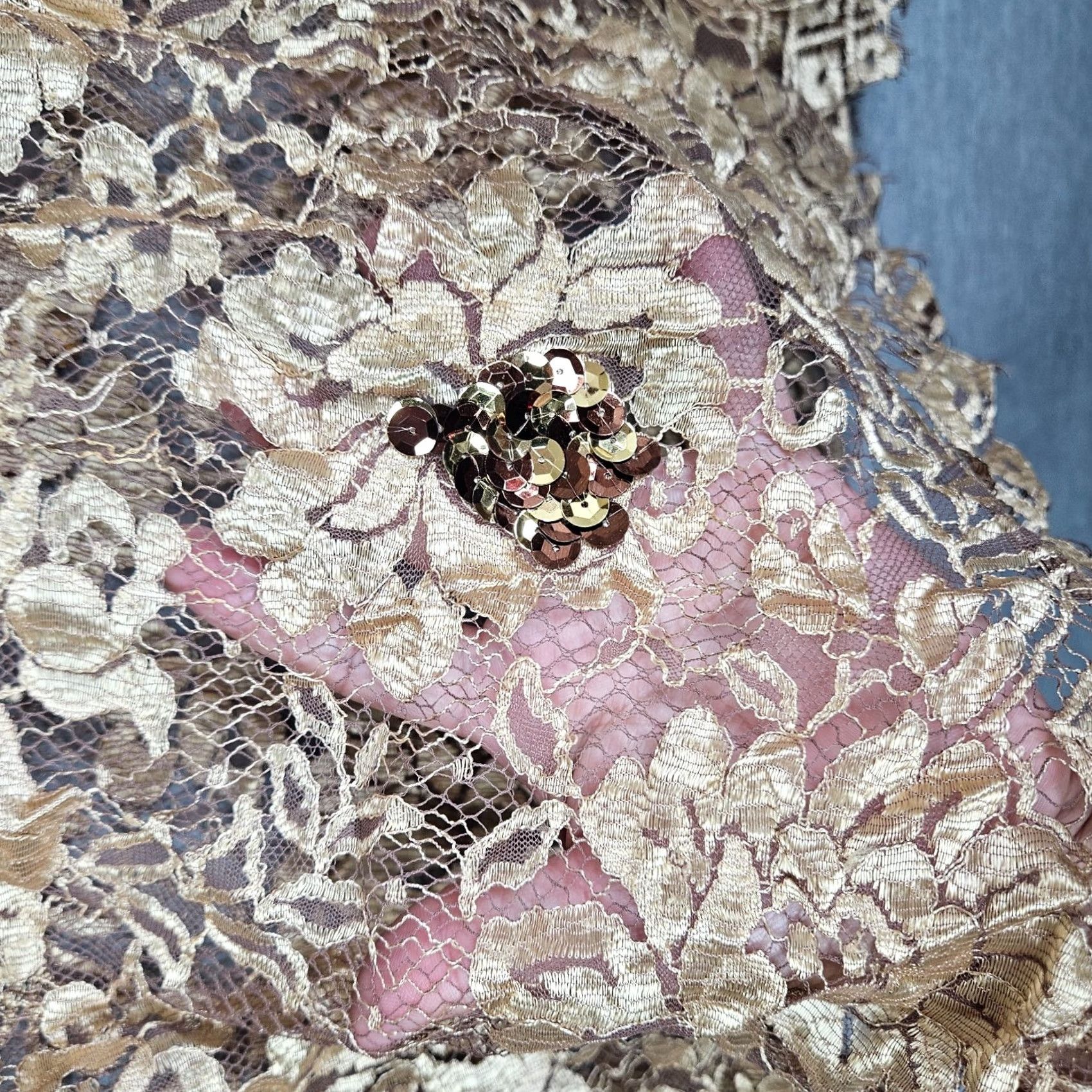Vintage Annemarie Gardin Blouse Mock Neck Lace Floral Printed Gold Sz 12 Womens Regular Long Sleeve Sequin Size XL / US 12-14 / IT 48-50 - 3 Thumbnail