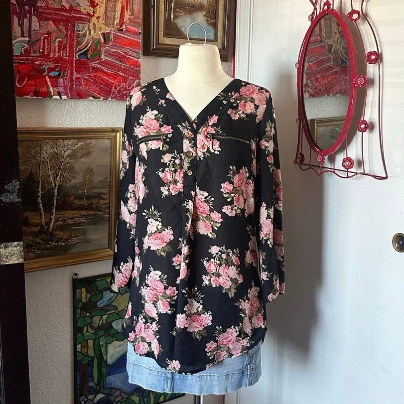 rue21 rue 21 pink black floral long sleeve blouse Size L / US 10 / IT 46 - 1 Thumbnail