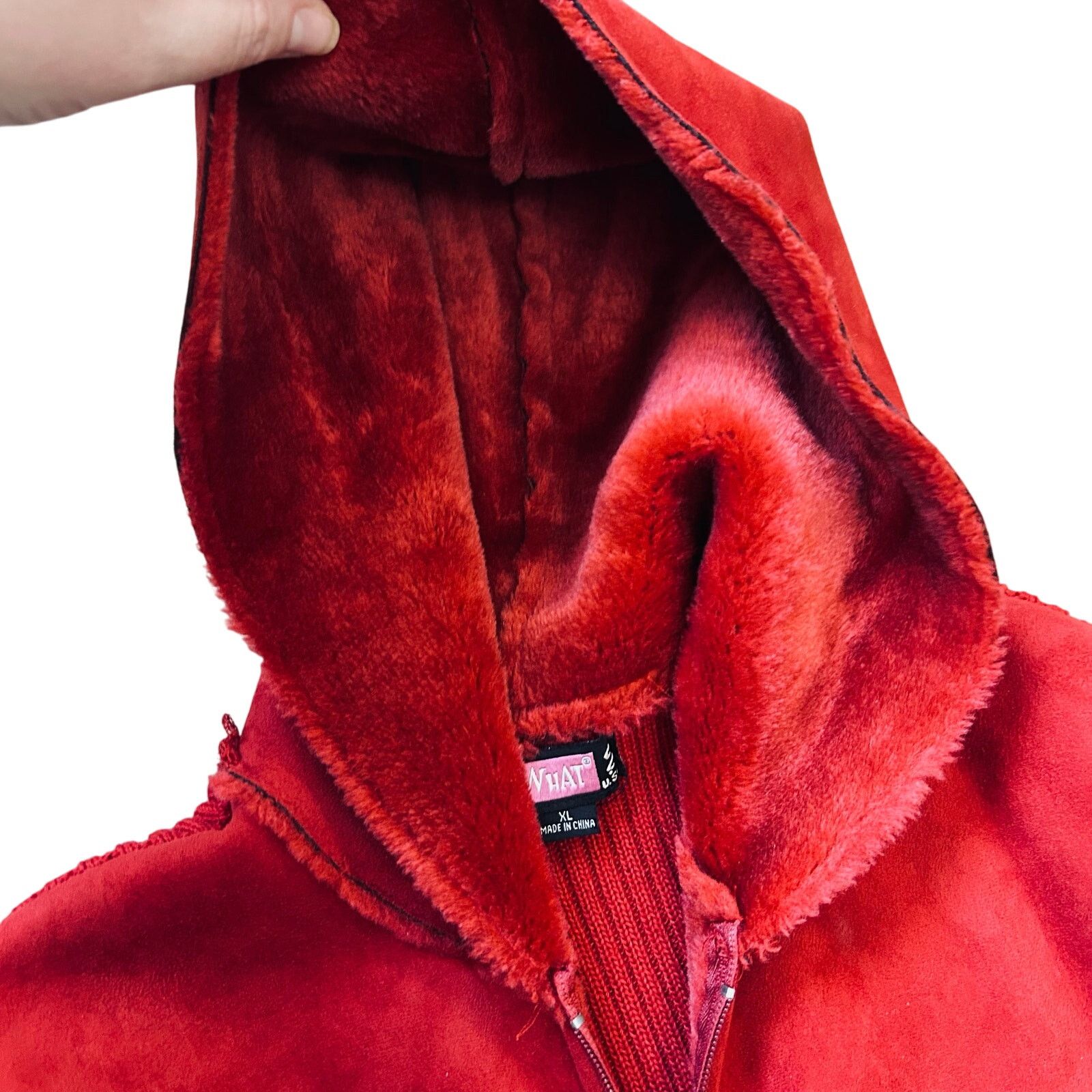 Vintage Y2K Cherry Red Faux Suede Leather Jacket Hood Knit Vintage Size L / US 10 / IT 46 - 7 Thumbnail