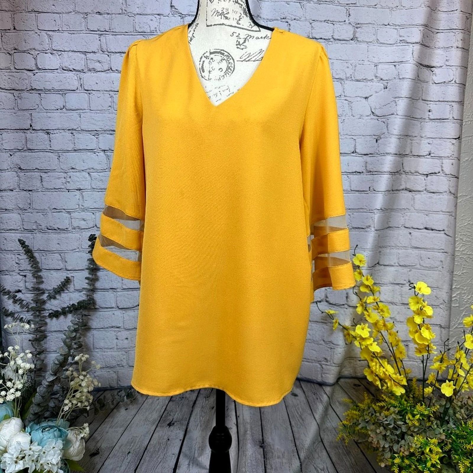 Other Casual V Neck 3/4 Bell Sleeve Mesh Panel Blouse Golden XL Size XL / US 12-14 / IT 48-50 - 2 Thumbnail